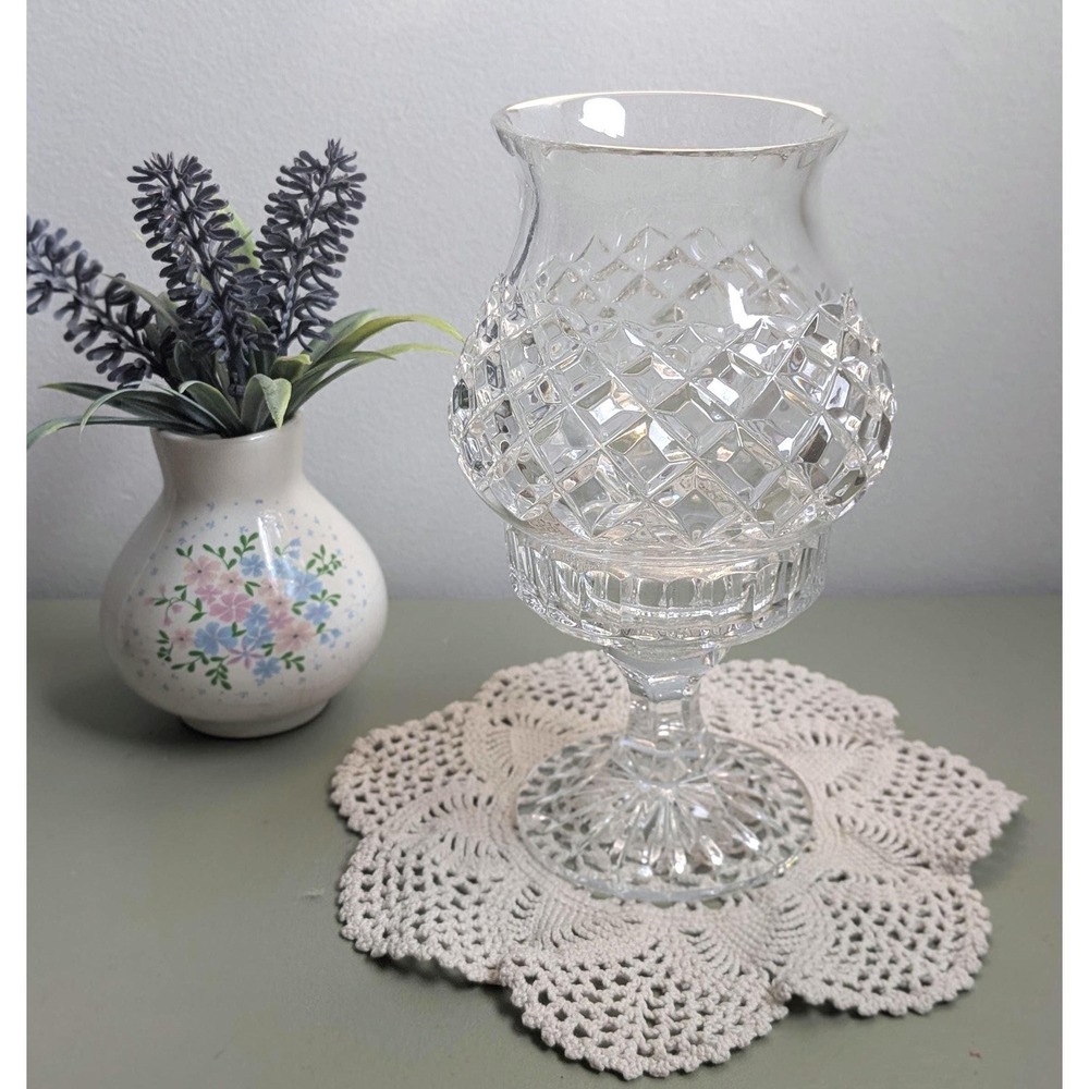 Vintage Cut Crystal Hurricane Shade with Pedestal Base | Diamond Cut Glass